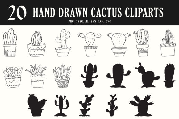 20 HandDrawn Cactus Cliparts for Local Business Branding