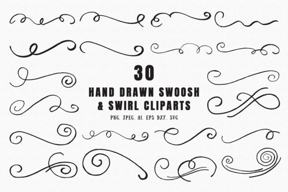 30 Hand Drawn Swoosh Swirl Cliparts for Graphics and Illustrations