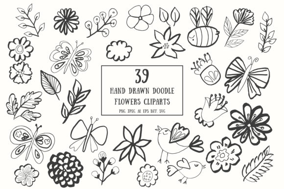 35 Handdrawn Doodle Flowers Cliparts for Creative Graphics