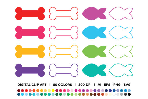 Dog Bone Cat Fish Treat Clip Art Set for Graphics and Illustrations