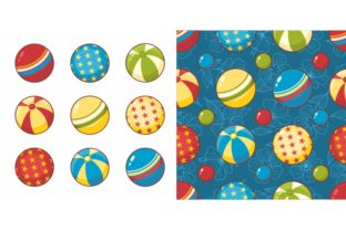 Kids Beach Playing Colorful Balls Set Illustrations